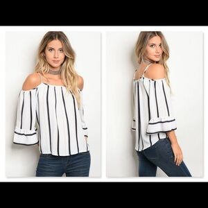 *MAKE OFFER. DONATING JANUARY 1. * VERTICAL STRIPE COLD SHOULDER BLOUSE